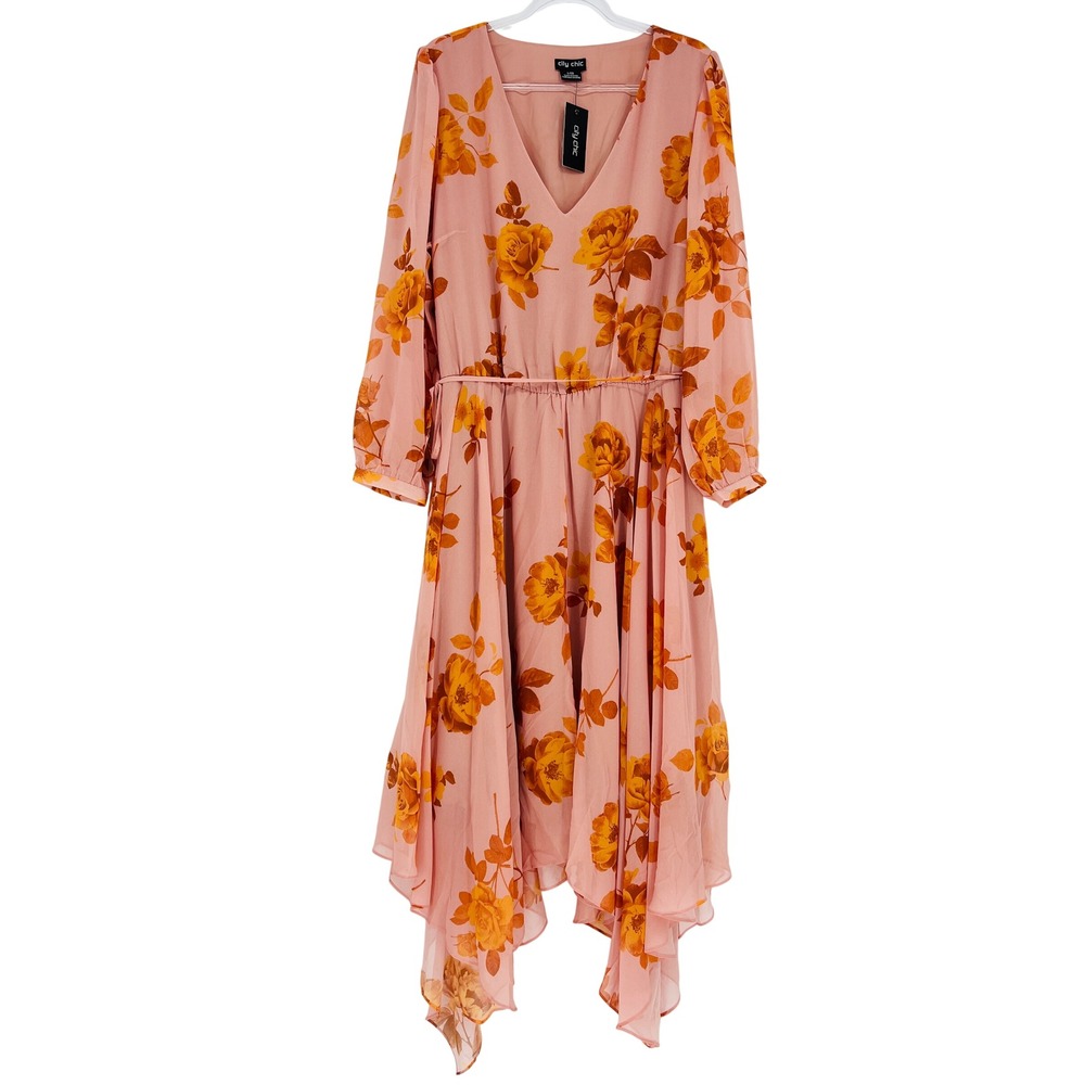 City Chic Dress Womens L/20 Pink Floral Handkerchief Hem V-Neck Long Sleeve Boho